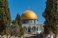 The Golden Dome of the Rock, or Qubbat al-Sakhra, and stone gate ruins in an Islamic shrine located on the Temple Mount in the Old