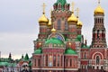 The golden domes of the Cathedral of the Epiphany close-up. Russia Yoshkar-Ola 01.05.2021