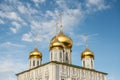 Golden domes and crosses of Orthodox church in Tula against blue sky Royalty Free Stock Photo