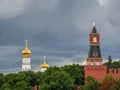 Golden domes of the old Cathedral in the Moscow Kremlin before a downpour Royalty Free Stock Photo