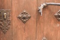 Golden door handle with mythological dragon shape on old wooden door