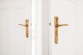 Golden door handle on old white doors Royalty Free Stock Photo