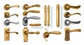 Golden door handles. 3D decorative interior elements from steel or silver and bronze. Realistic furniture for windows