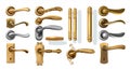 Golden door handles. Realistic metal furniture for windows and doorways. Collection of straight and curved decorative