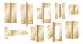 Golden door hinges, construction hardware. Realistic set of gold tools for joint gates and windows