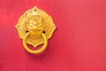 Golden door knocker in the shape of lion with ring on a red wood Royalty Free Stock Photo