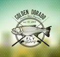 Golden Dorado Fishing emblem on blur background. Vector Illustration.