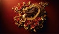 Golden Dragon Amidst Floral Elegance on Red Backdrop