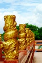 The golden dragon column statue stands lined the Chinese temple terrace