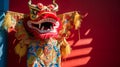 Golden Dragon Dance Costume Against Red Wall