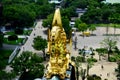 Golden dragon fish statue or Shachihoko at roof top and aerial v Royalty Free Stock Photo