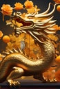 A golden dragon pose in gracefully, with mandarin orange fruits and flowers, chinese style, banksy art, stunning, mythical being