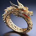 Golden dragon ring on a dark background, close-up, 3d render. Symbol of new year 2024.