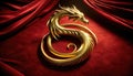 Golden Dragon Sculpture on Red Velvet Background, AI Generated