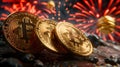 Golden dragon soars above Bitcoin in a festive Chinese New Year scene.