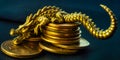 Golden dragon statue sleeping on top of gold coins Royalty Free Stock Photo