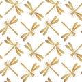 Golden dragonfly vector seamless pattern