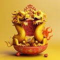 Golden dragons statue in chinese style on yellow background.