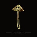 Golden drawing of a fly agaric psilocybin mushroom. Toxic magical hallucinogenic mushroom. Fly agaric gold sticker. Hand drawn