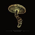 Golden drawing of magical surreal hallucinogenic mushroom. Fly agaric gold sticker. Hand drawn toadstool concept. Toxic Fantasy