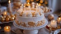 Golden Dreams: Indulgent White and Gold Cake with Candles and Gifts - Perfect for Birthdays or Weddings! Royalty Free Stock Photo
