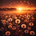 Golden Dreamscape: AI Crafted Dandelion Seed Puffs Field at Sunset