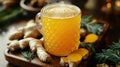 Golden drink in textured mug, surrounded by ginger and herbs Royalty Free Stock Photo