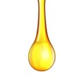 Golden drop of oil on white background, yellow liquid is dripping, vector.