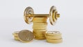 Golden dumbbell withe dollar coins isolated on a white background, Business concept.