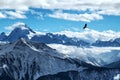 Golden eagle flying in front of swiss alps scenery. Winter mountains. Bird silhouette. Beautiful nature scenery in winter.