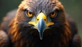 Golden eagle head front view. This bird of prey has intense orange eyes and a sharp grey beak. Brown and black feathers frame its Royalty Free Stock Photo