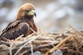 golden eagle perched near its nest with hatchlings