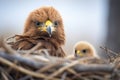 golden eagle perched near its nest with hatchlings