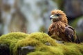 golden eagle resting on a mossy mountain stone Royalty Free Stock Photo