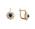Golden earrings with dark blue gem - sapphire and few diamonds
