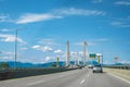Golden Ears Bridge, connecting Maple Ridge to Langley. Traffic on a cable-suspended bridge spanning across Fraser River Royalty Free Stock Photo
