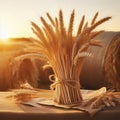 golden ears of wheat with sheaves of hay in the background. ai generative Royalty Free Stock Photo