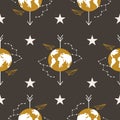 Golden Earth, airplane, stars and cosmic elements, seamless pattern