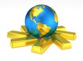 Golden Earth planet on gold bars Royalty Free Stock Photo