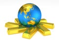 Golden Earth planet on gold bars Royalty Free Stock Photo