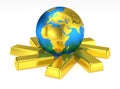 Golden Earth planet on gold bars Royalty Free Stock Photo