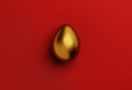 Golden easter egg on red background from above. Minimal flat lay greeting card with luxury easter egg festive concept