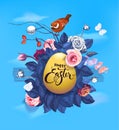 Golden Easter egg, text handwritten with calligraphic font, bunch of semi-colored flowers and little bird sitting on top Royalty Free Stock Photo