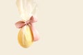 A golden Easter egg in a transparent bag with a bow. Happy holiday Royalty Free Stock Photo