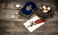Golden easter eggs and antique bible book Royalty Free Stock Photo