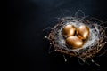 Golden Easter Eggs in birds Nest over rustic background. Easter Holiday concept abstract background copyspace Royalty Free Stock Photo