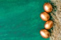 Golden Easter eggs and golden branches, reeds on a green watercolor background. Banner. Layflat. Space for text