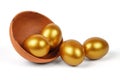 Golden Easter eggs in a clay bowl Royalty Free Stock Photo