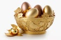 Golden easter eggs in golden basket, white background, generative ai