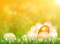 Golden Easter Eggs in Grass on Yellow Nature Background